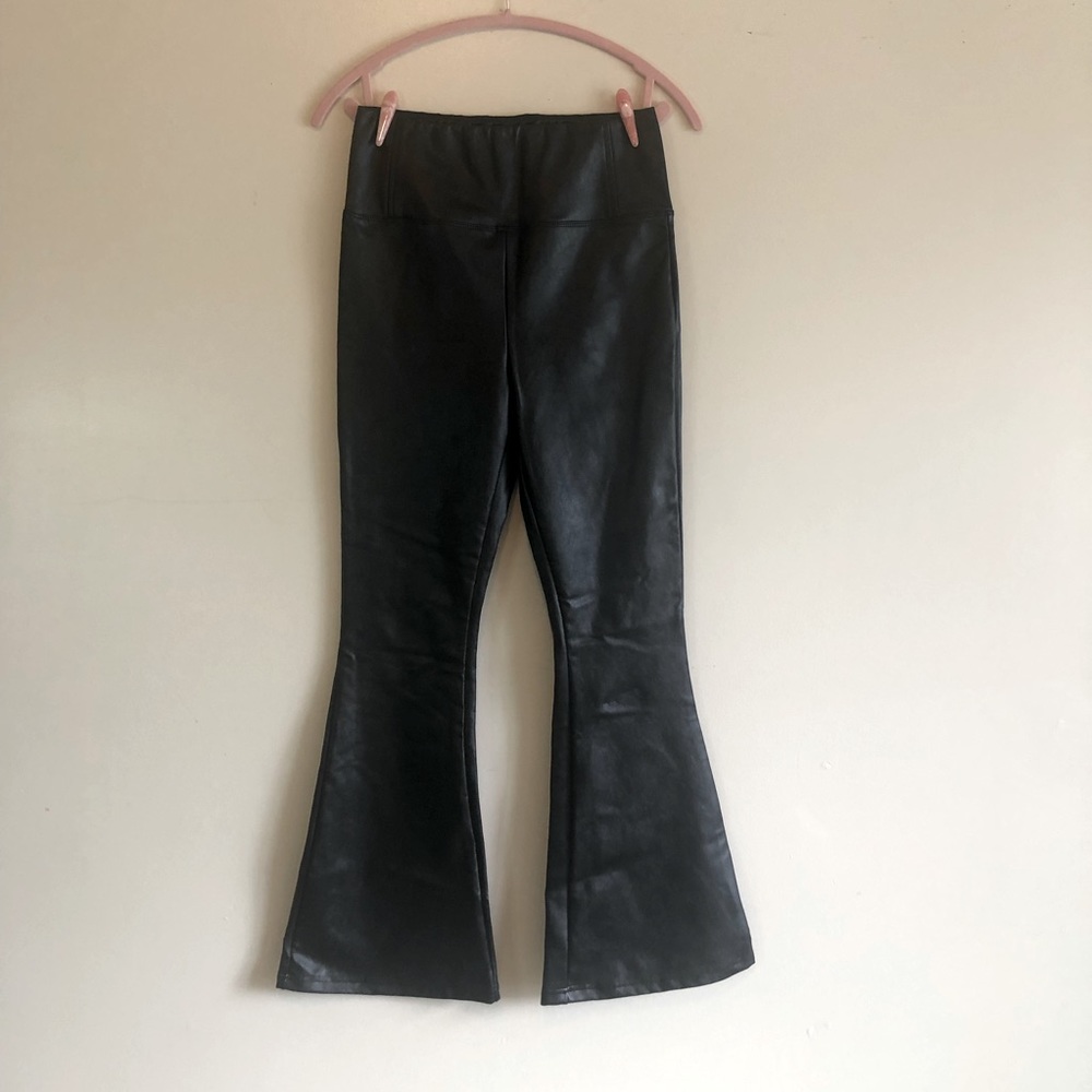 High waist pull-on stretch faux leather flares